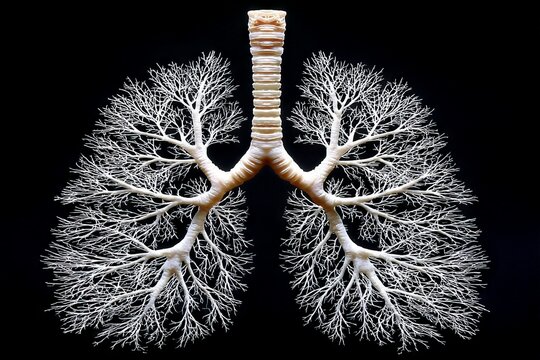 Intricate structure of human lungs showcasing detailed bronchial tree in a striking black background