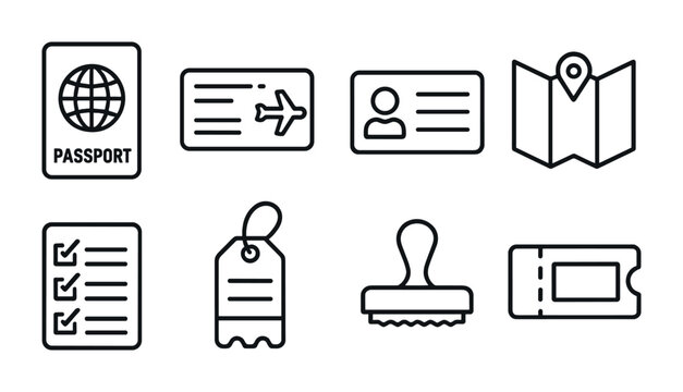 Travel essentials icon set: passport, ticket, id card, map, checklist, luggage tag, stamp