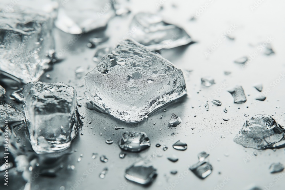 Aufkleber ice cubes scattered on a reflective surface with droplets of water in a cool and refreshing setting