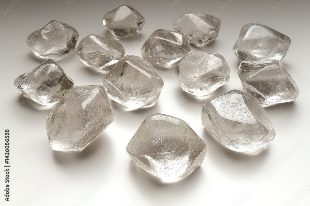 Aufkleber clear quartz crystals scattered on a smooth surface reflecting light in a bright indoor setting