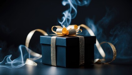 Black and gold gift box against a dark backdrop