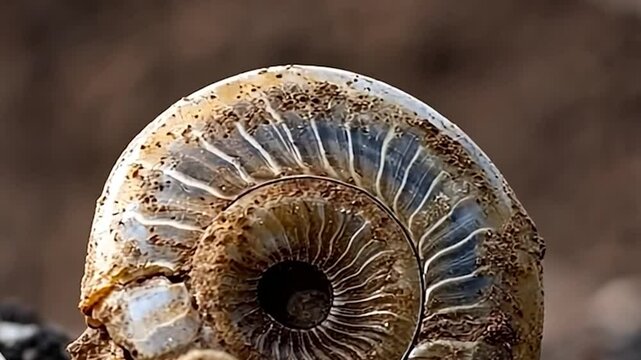 Detailed Fossil Shell on Dark Earth Demonstrating Spiral Patterns in Soft Lighting