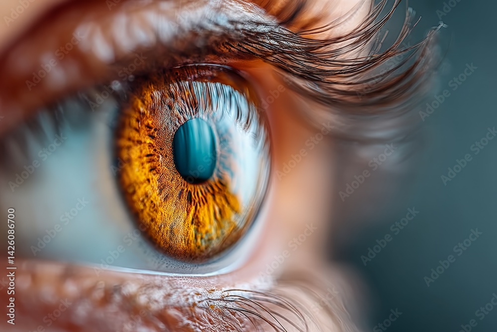Poster detailed close-up of an eye showcasing vibrant colors and intricate patterns in natural light