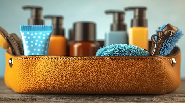 A stylish leather organizer holds various grooming products on a wooden table with a soft blue background