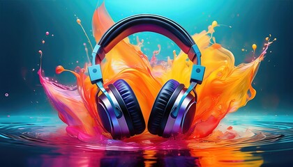 Vibrant Ink Drop Dissolving into Water Backdrop Abstract Artistry Showcases Headphones Amidst an Explosion of Colors, Embracing the Energy and Mood of a Whimsical Underwater Scene