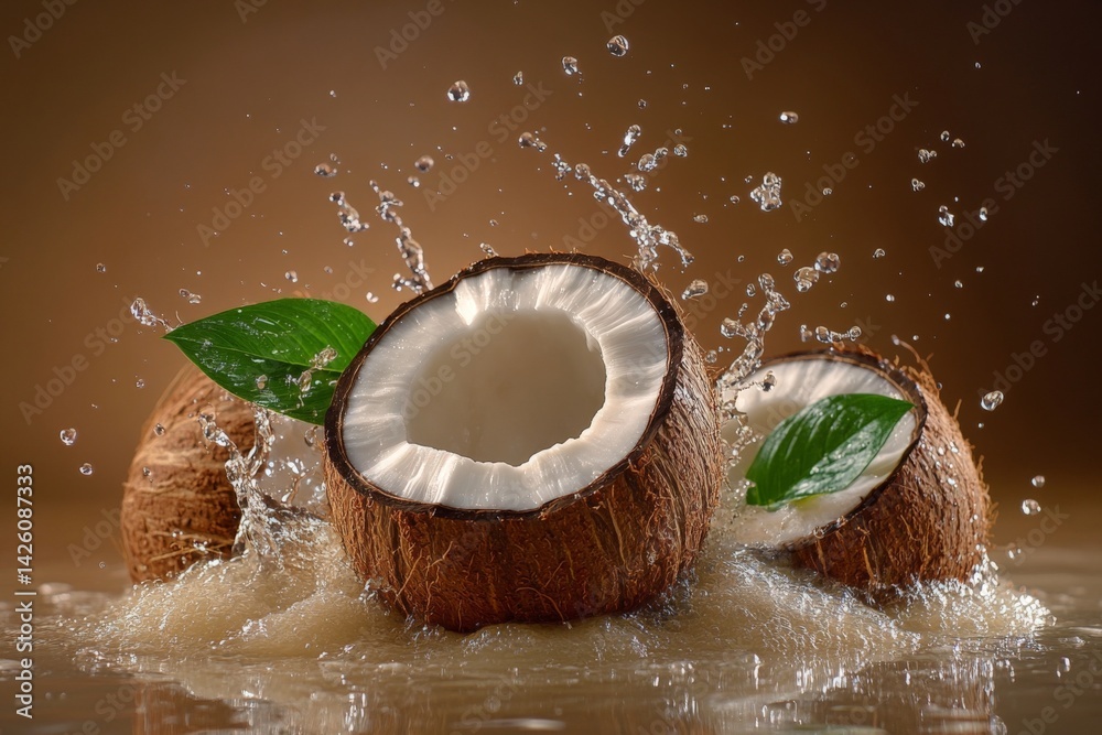 Poster fresh coconut halves with water splashes and green leaves captured in a close-up setting