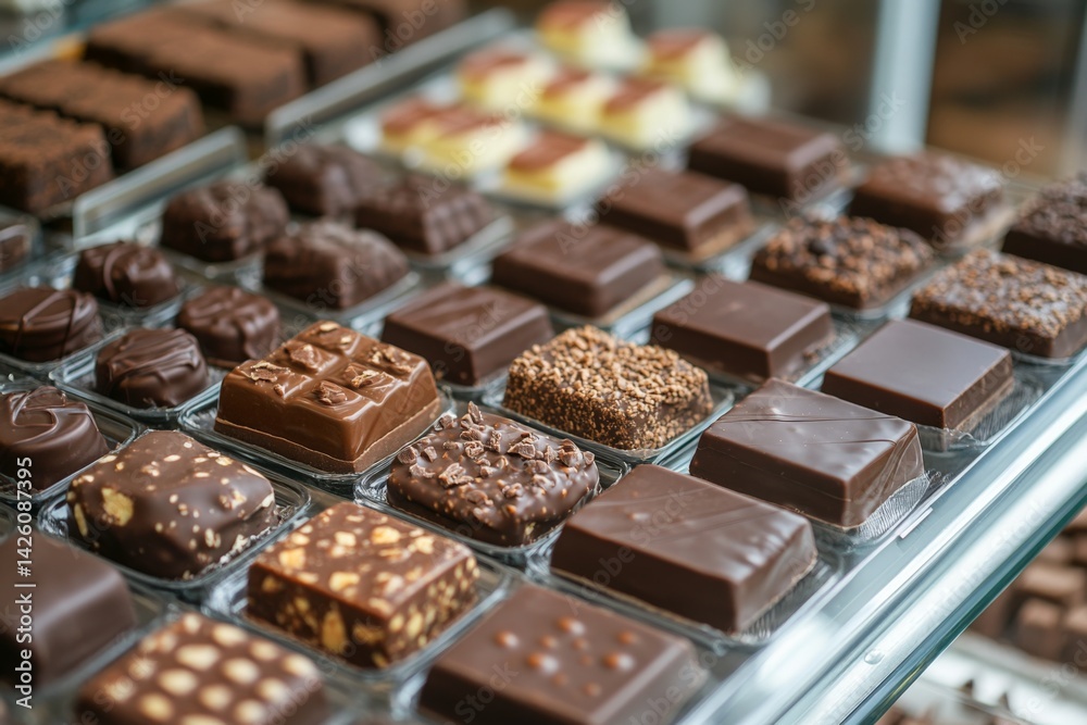 Aufkleber assorted artisanal chocolates displayed in glass cases at a confectionery shop during the afternoon