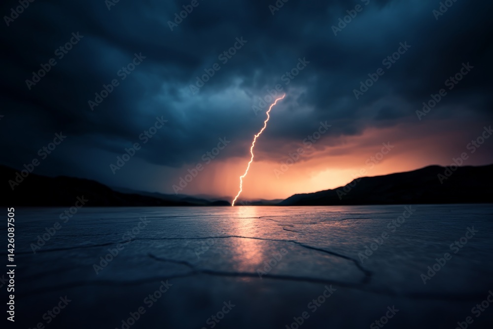 Poster a bolt of lightning illuminates the stormy night sky while reflecting off the wet granite surface be