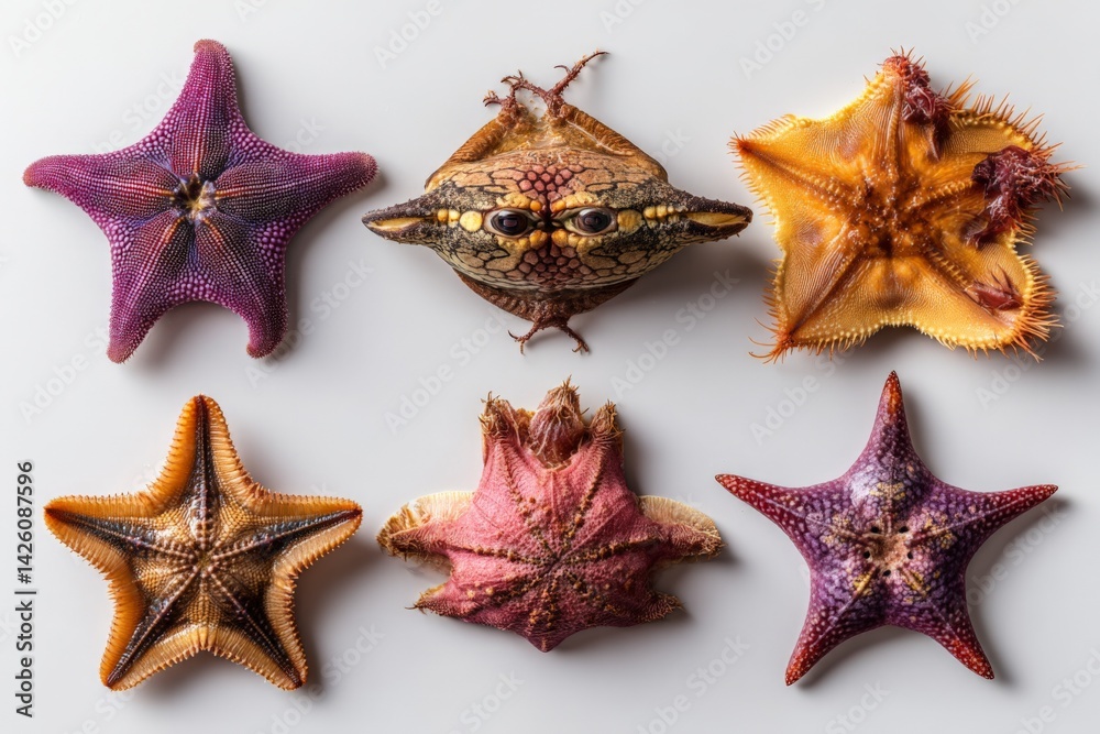 Poster Unique collection of colorful starfish and sea creatures on a light background in a studio setting