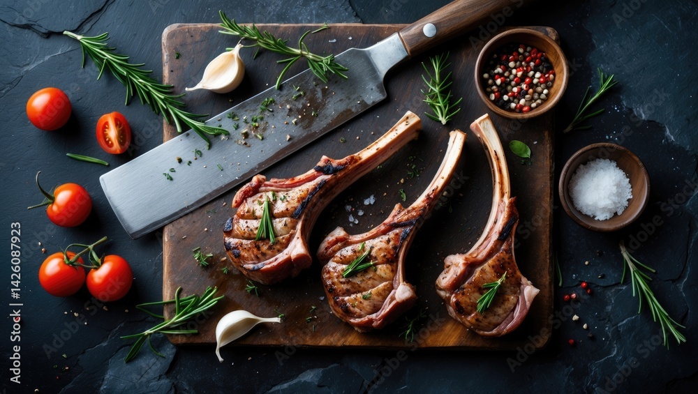 Poster grilled beef steaks with spices displayed on a cutting board, leaving room for your text