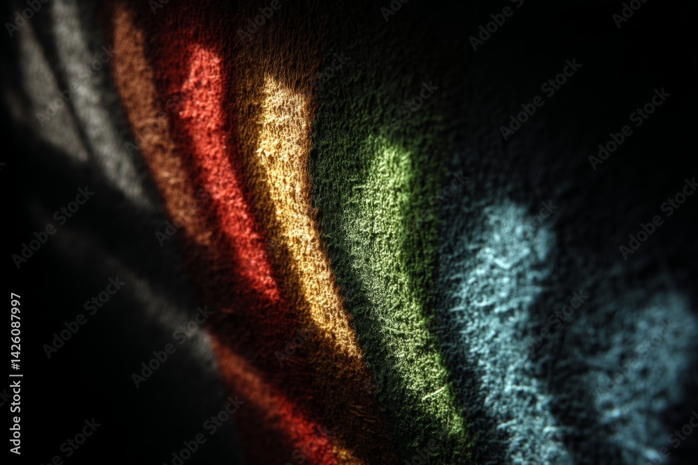 Poster shadows and colors dance on a textured wall in an artistic display at dusk