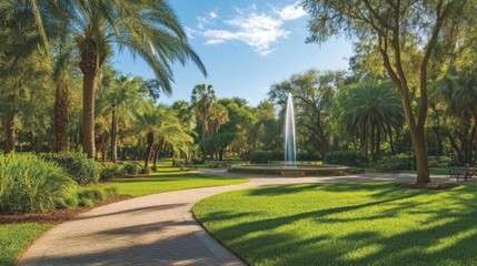 Serene Garden Oasis: A Tranquil Fountain and Lush Greenery