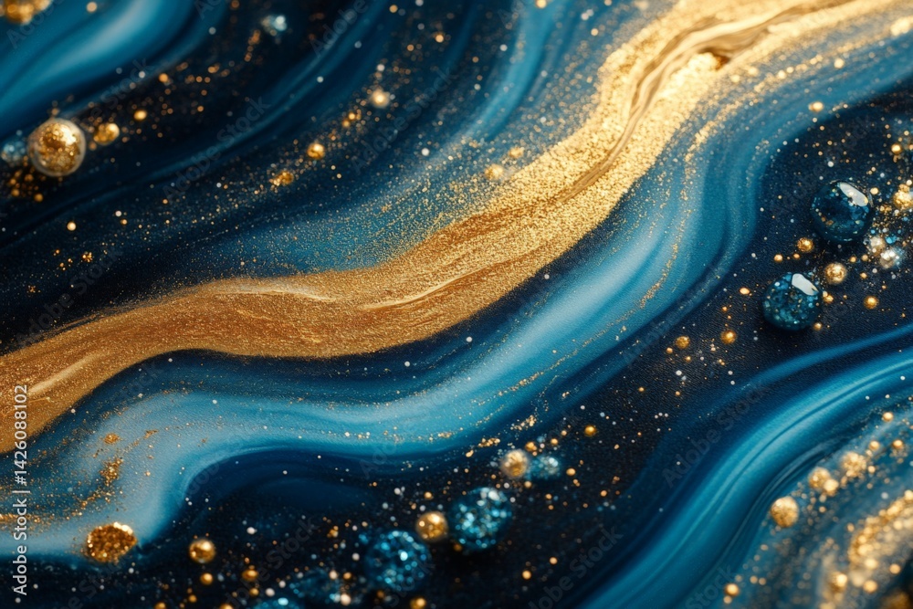 Poster fluid art with golden accents and blue waves created using acrylic paint on canvas reflecting cosmic