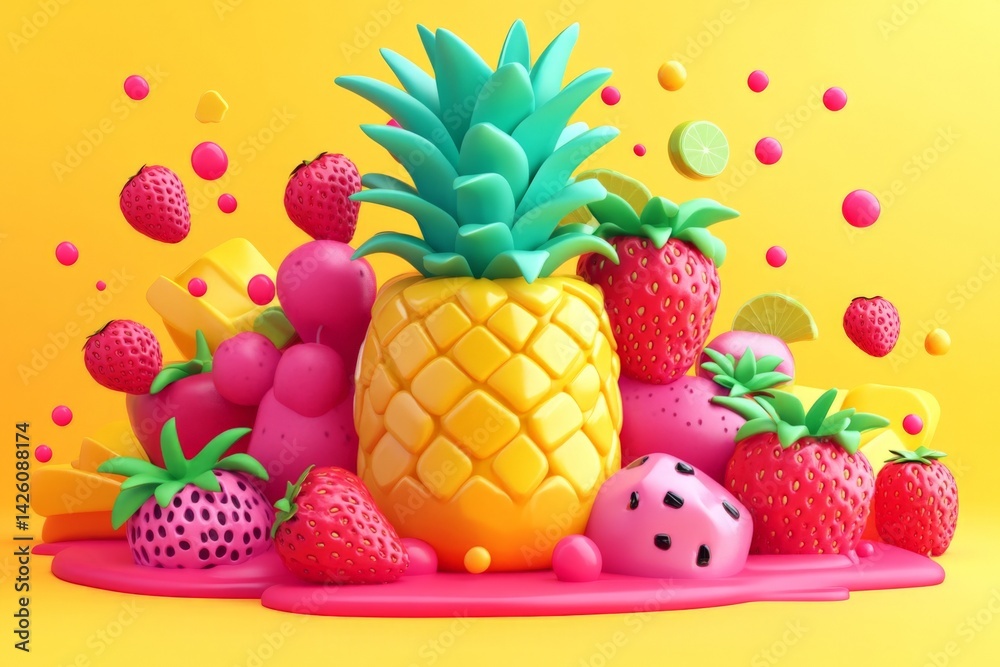 Poster bright tropical fruit display featuring a pineapple surrounded by colorful berries and vibrant shape