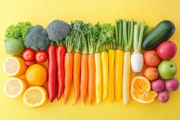 Vibrant arrangement of fresh vegetables and fruits on a bright yellow background at a local market
