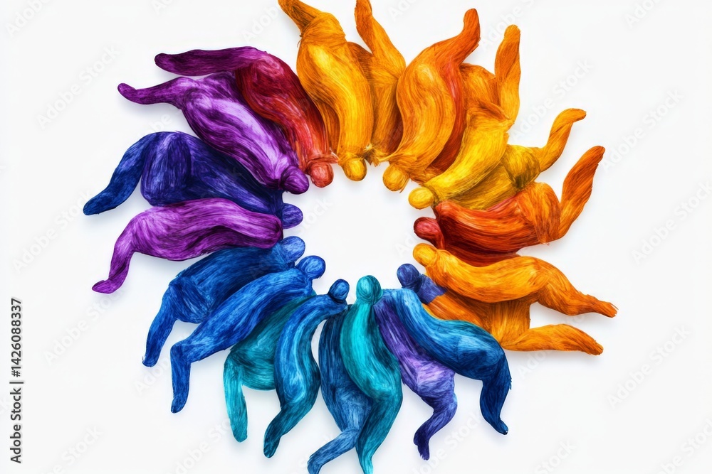 Poster colorful spiral of abstract figures in vibrant hues representing unity and creativity