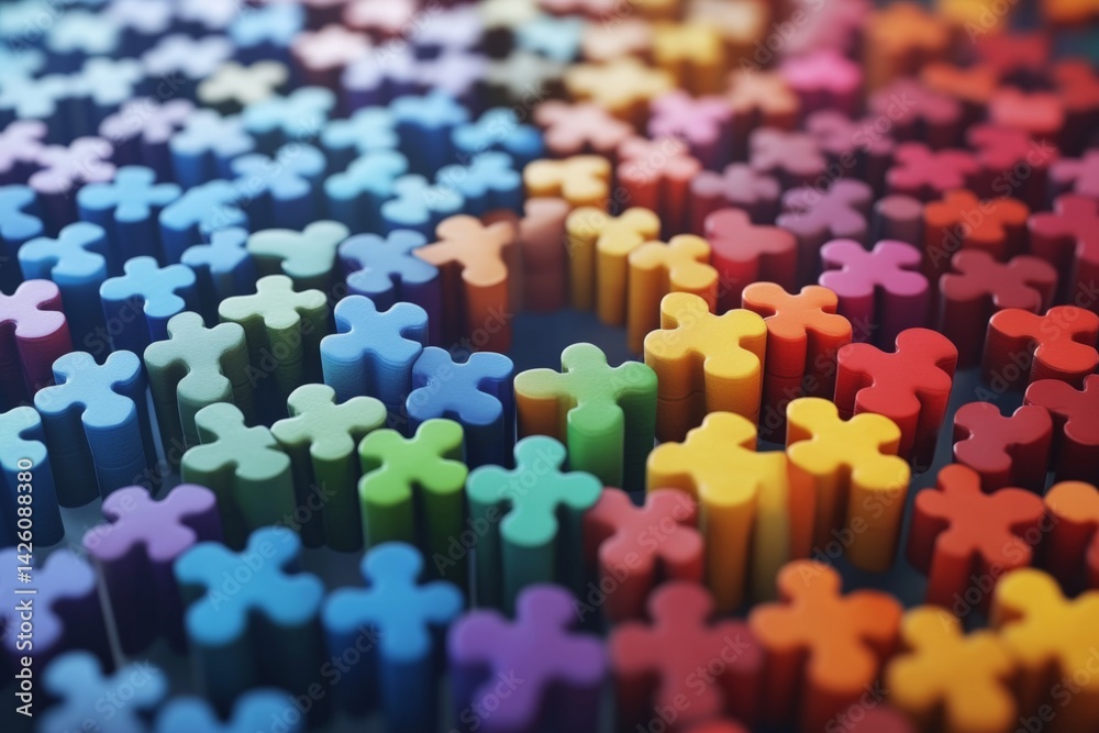 Poster colorful puzzle pieces arranged in a vibrant pattern showcasing creativity and fun during a leisurel