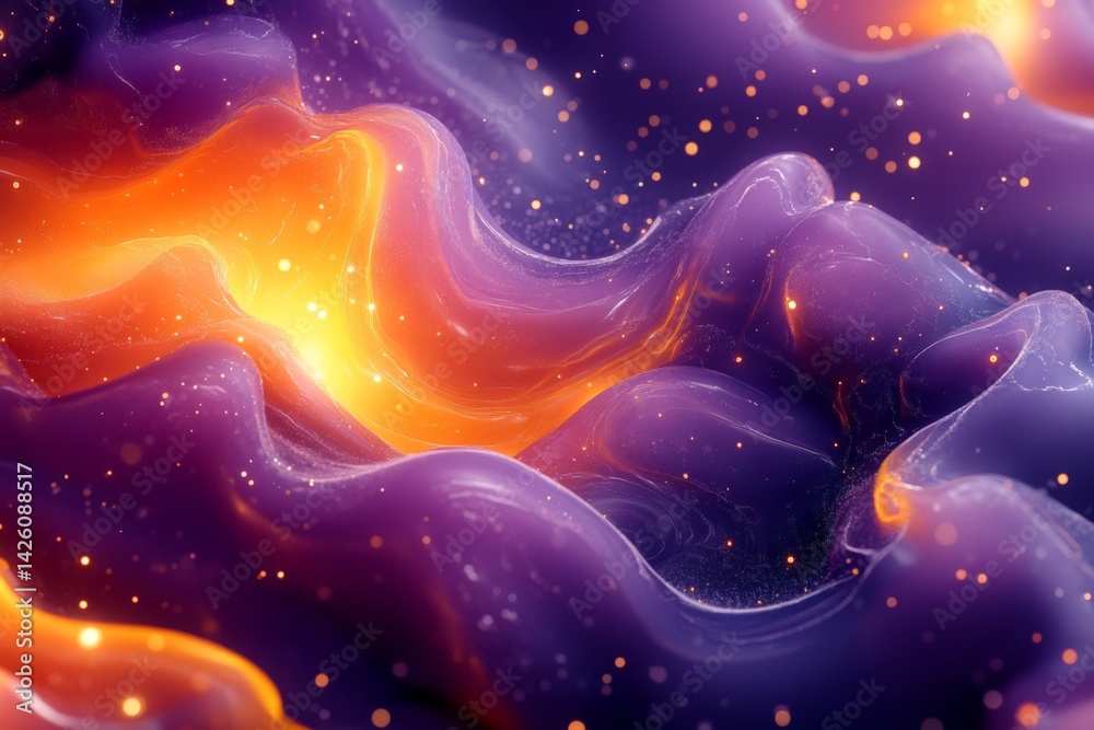 Poster colorful abstract swirls of purple and orange in a cosmic setting with glowing particles