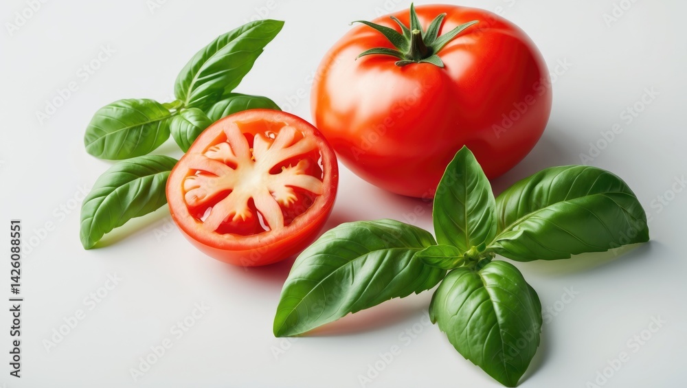 Poster fresh tomato slice with basil leaves isolated on background