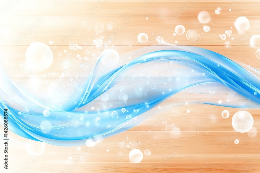 Poster flowing blue water with bubbles on wooden background creating a serene atmosphere for relaxation