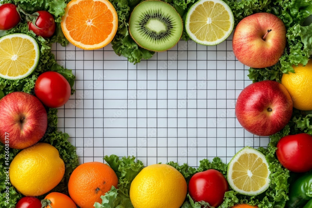 Poster fresh fruits and vegetables arranged on a checkered background create a vibrant border for culinary 