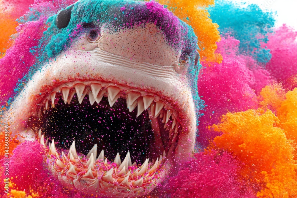 Poster vibrant shark surrounded by colorful powders creates a striking visual spectacle in an abstract art 