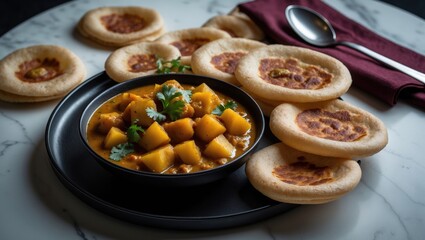Traditional Indian breakfast: Puri Bhaji with spicy potato curry