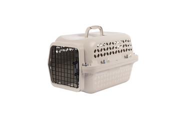 Blue plastic pet carrier with ventilation slats and an open wire door, portable travel crate for cats, small dogs, and small pets, isolated on white background.