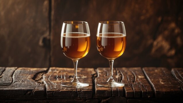 Two glasses of sherry on rustic wooden table with copyspace