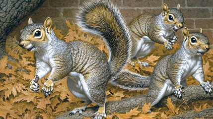 Four squirrels foraging autumn leaves near brick wall; nature illustration for wildlife, education, or children's book