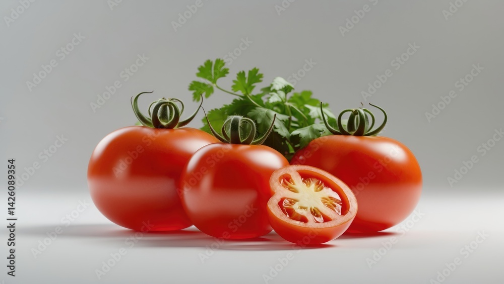 Poster fresh tomato segments with clipping path on white background, showcasing healthy green and red color