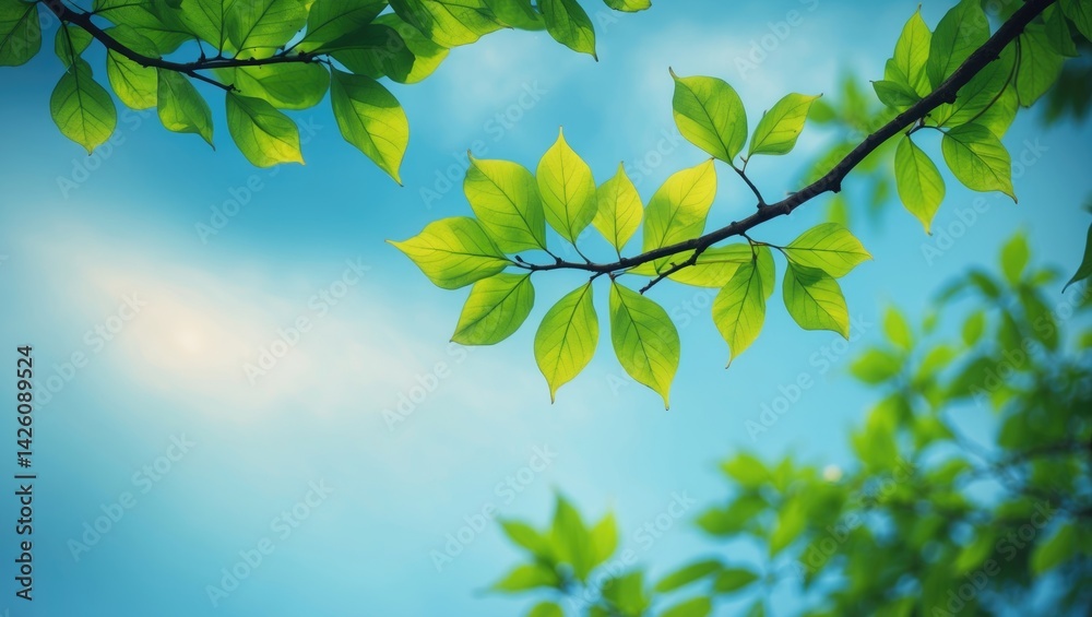 Aufkleber tree branch and leaves against a blue sky with ample background space