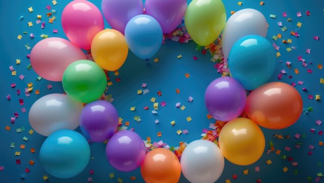 Celebration backdrop with vibrant balloons and confetti for birthday party