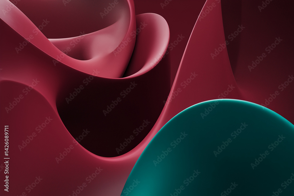 Poster Abstract image of maroon and teal curved shapes, creating a dynamic and modern design, showcasing a sleek and elegant aesthetic suitable for various applications