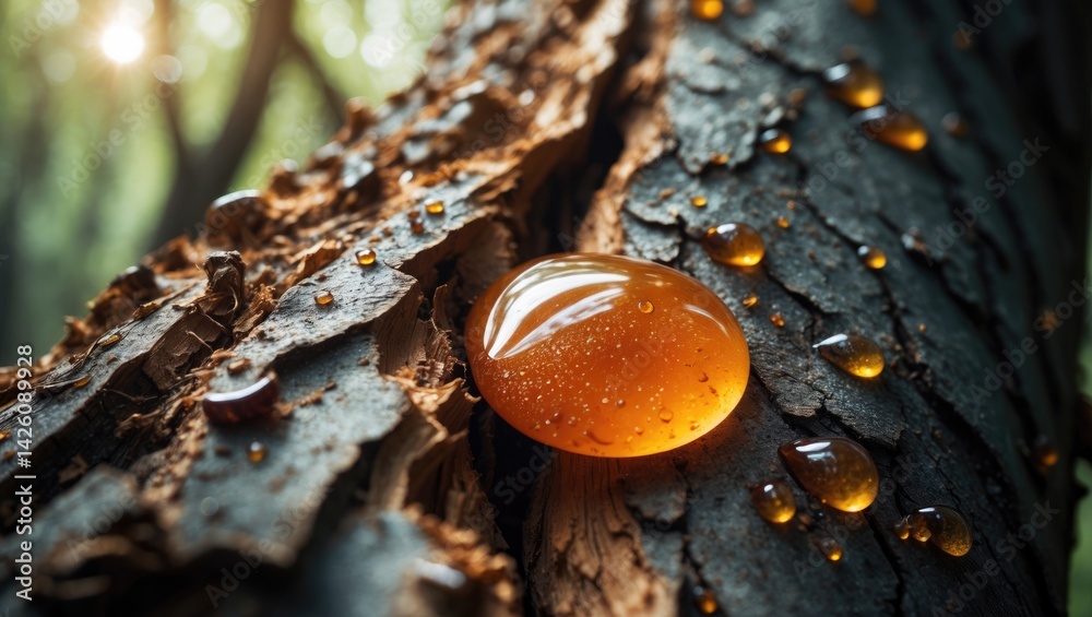 Poster detailed macro image of tree resin on bark surface