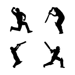 male cricket player silhouette, cricket player silhouette batting pose vector illustration, cricket sports silhouette.