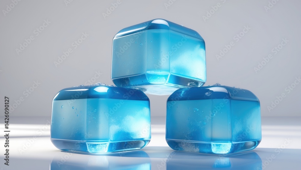 Poster three frozen ice cubes on white background with transparent and reflective qualities