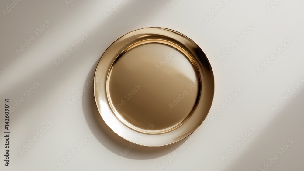 Poster bird's-eye view of a golden plate isolated on background with clipping path. empty round gold flat p
