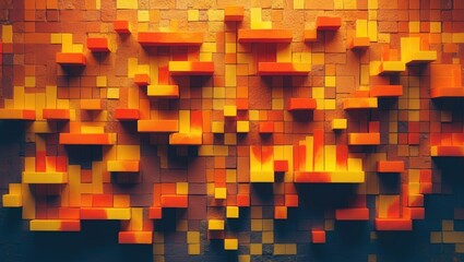 Fiery abstract backdrop with geometric block patterns, pixel effects, rough grain noise, mosaic collage elements, vivid colors, and a futuristic design concept.