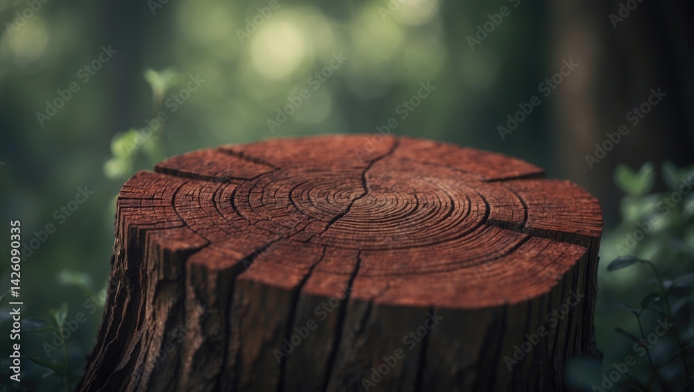 Poster Close-up of brown wood trunk texture with bokeh background in forest setting