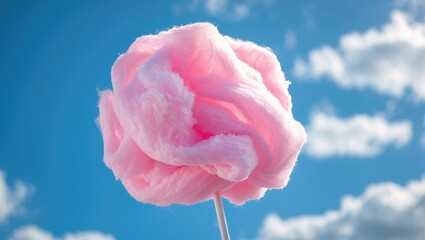 Pink cotton candy floating in a blue sky with clouds