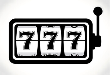 Black and white slot machine showing three lucky sevens aligned depicting a classic symbol of winning and chance.