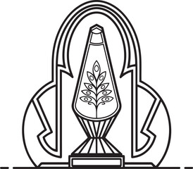 Elegant black and white illustration of a lava lamp in vintage style with a peacock feather pattern tall silhouette and artistic geometric base design