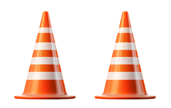 Cartoon vector traffic cones, with orange and white stripes, on a transparent background