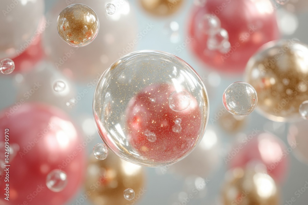 Poster colorful bubbles floating in the air with sparkling reflections in a dreamy atmosphere