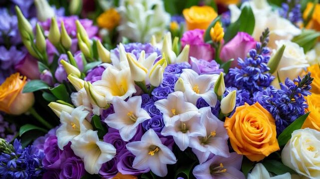 Close-up of a freesia bouquet, beautiful flowers, lively floral background.