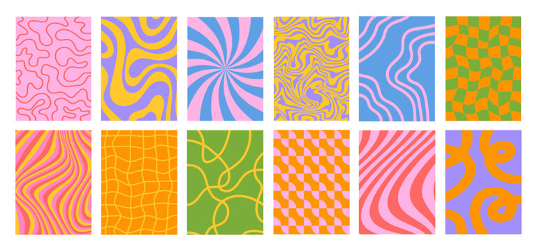 Set of Abstract vertical backgrounds with colorful waves. Trendy vector illustration in style retro 60s, 70s.