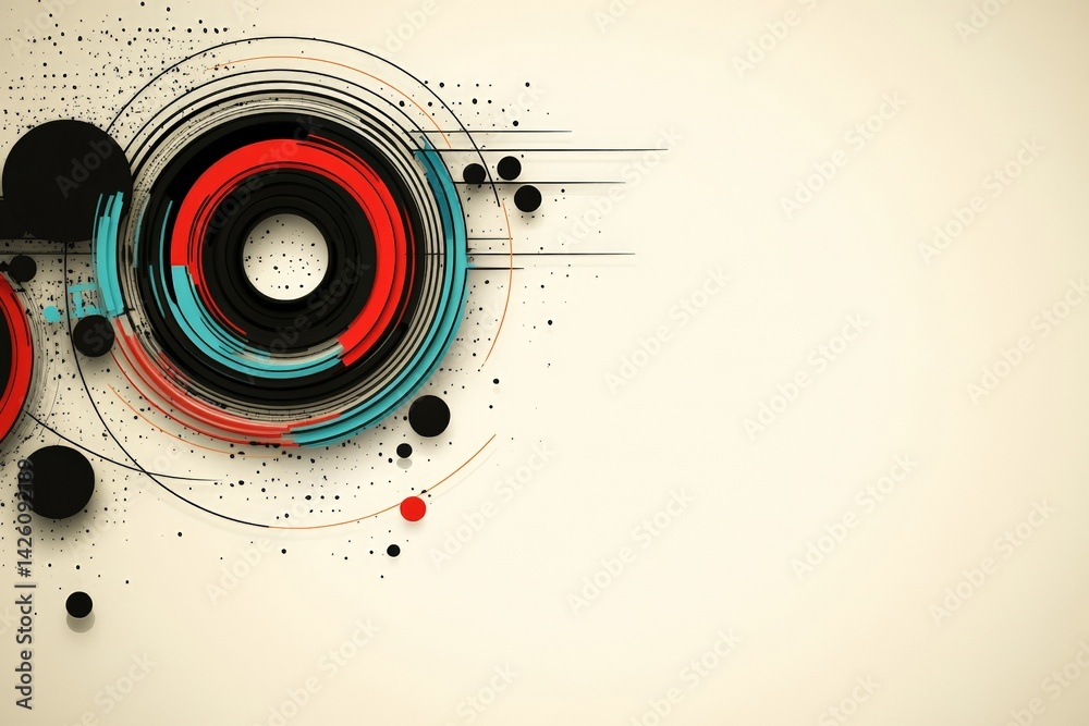 Poster Abstract design featuring circles and lines in bold colors on a minimalist background