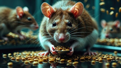 Clever rat feeding on grain in a black and white scene linked to plague and poor sanitation