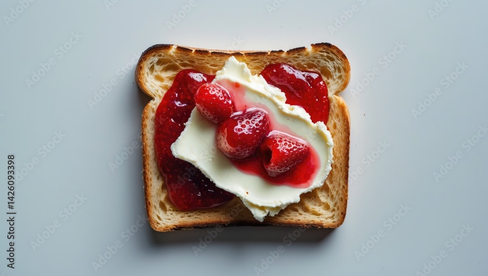 Aufkleber slice of toasted bread with cream cheese and jam on a white background, top view